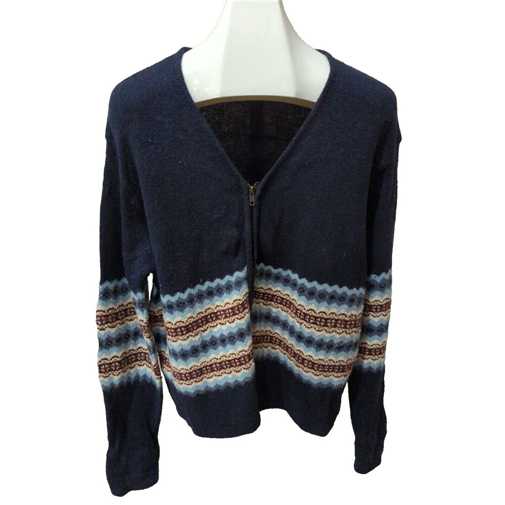 Studio Works Navy Wool Blend Long Sleeve Zip Up Knit Cardigan V-Neck Sweater XL
